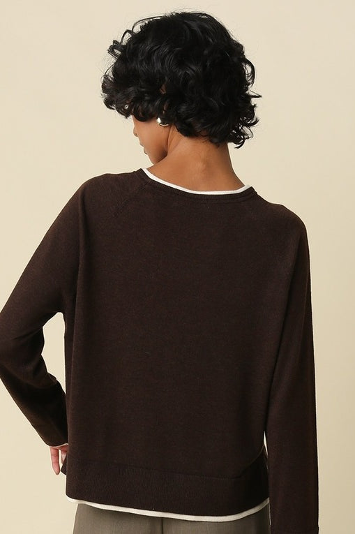 Olivaceous Double Layer Crewneck Sweater in Brown Ivory, back view