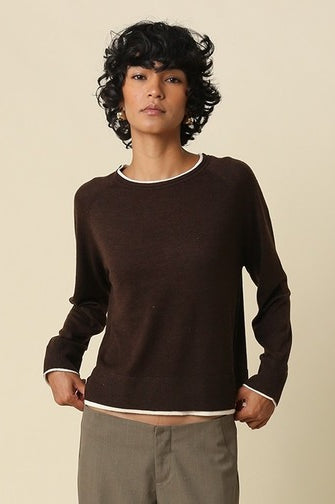 Olivaceous Double Layer Crewneck Sweater in Brown Ivory, front view with hands in pockets