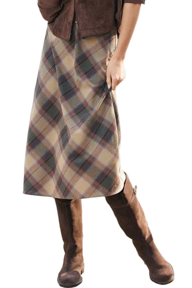 Be Cool Plaid A-Line Midi Skirt with Elastic Waistline in Khaki, front view