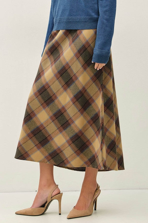 Be Cool Plaid A-Line Midi Skirt with Elastic Waistline in Khaki, detail view