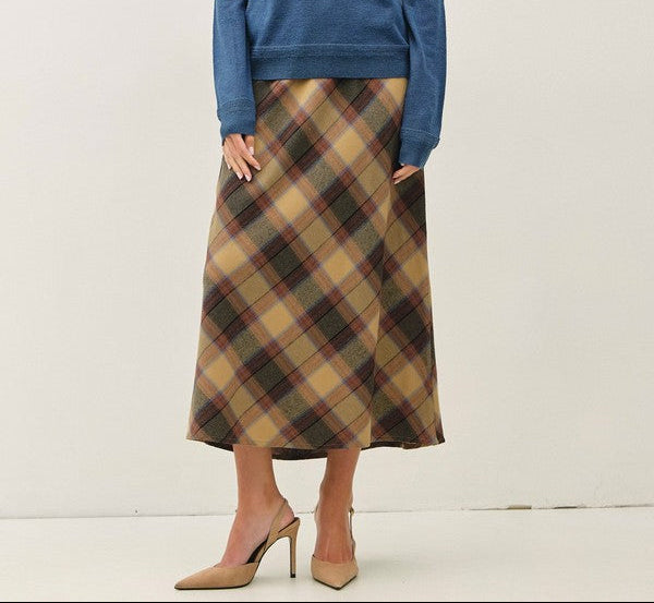Be Cool Plaid A-Line Midi Skirt with Elastic Waistline in Khaki, front view