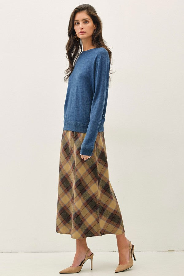 Be Cool Plaid A-Line Midi Skirt with Elastic Waistline in Khaki, side view