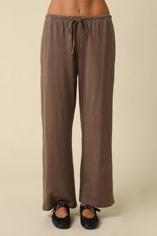 Olivaceous Wide Leg Draw String Pant in Dark Mocha, front view