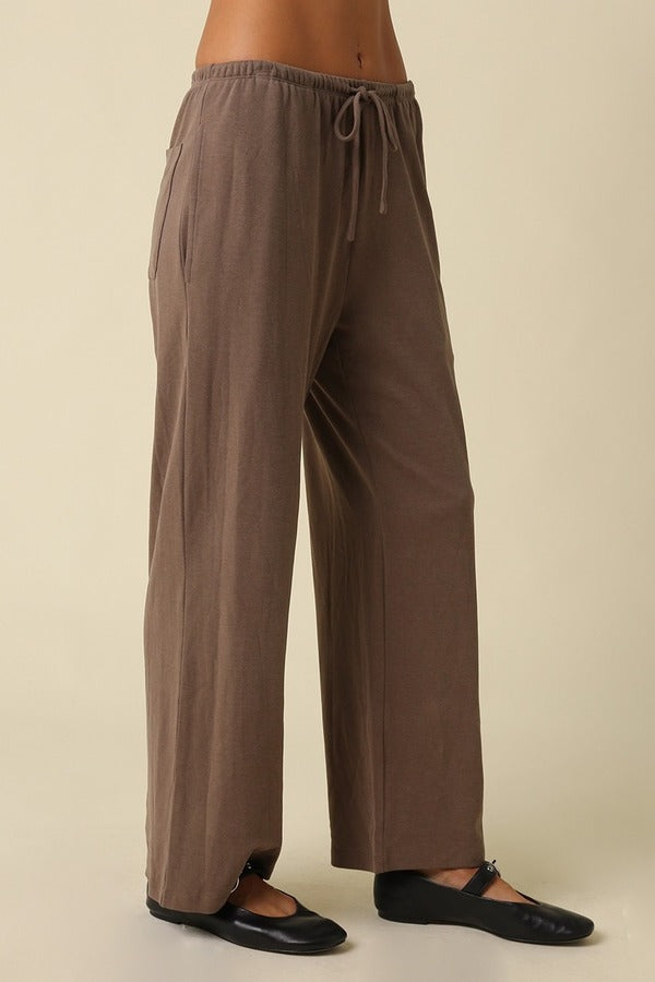 Olivaceous Wide Leg Draw String Pant in Dark Mocha, side view