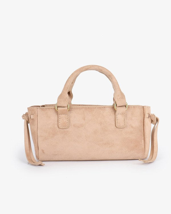 Remi & Reid Pepper Mini Satchel Faux Suede in Tan, front view