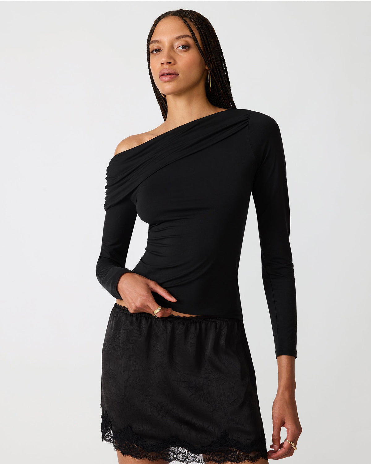 Steve Madden Ryder Knit Top in Black, front view