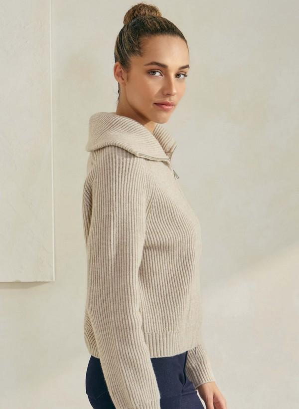 Yelete Luxe Funnel Neck Cardigan in Oat, side view