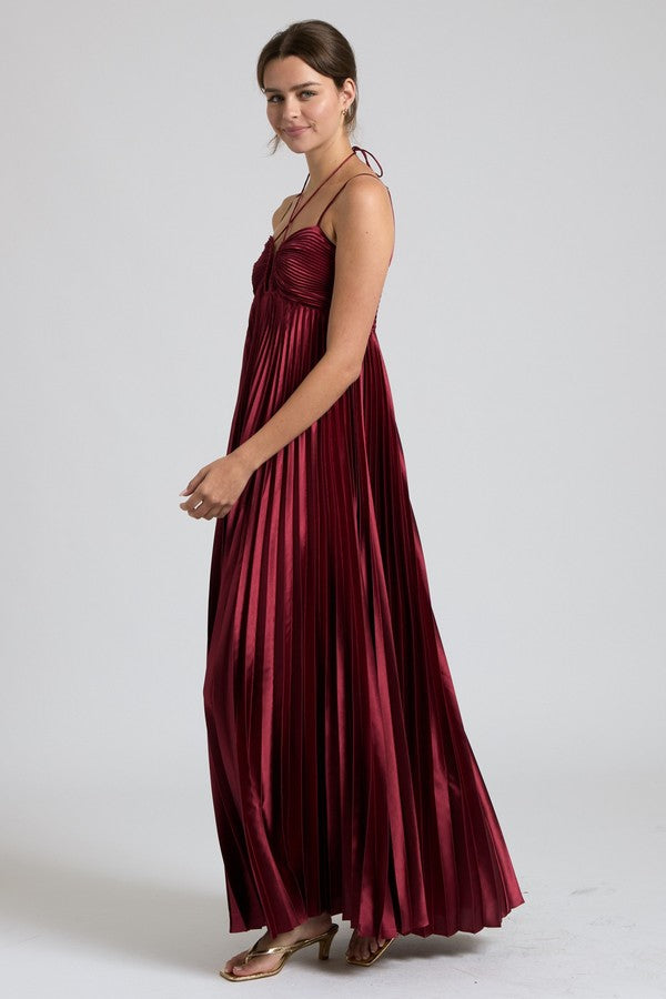 Aakaa Pleated Satin Maxi Dress in Burgundy, side view