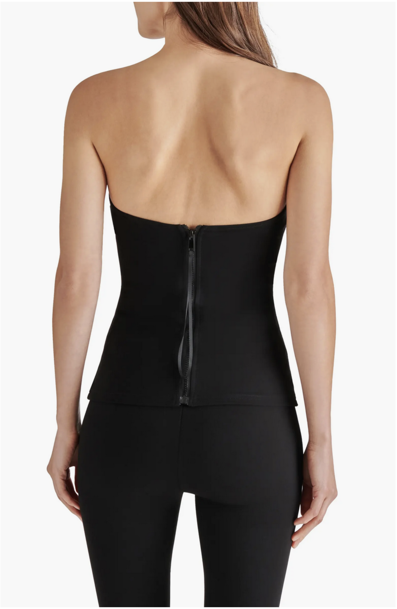 Steve Madden Vena Top Black. Bring on the night in this strapless bustier top fixed with a notch at the neckline and closed with a ribbon-tabbed exposed zipper.