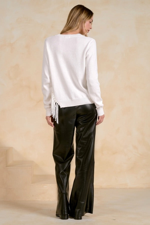 Back view of a fringe crewneck sweater.