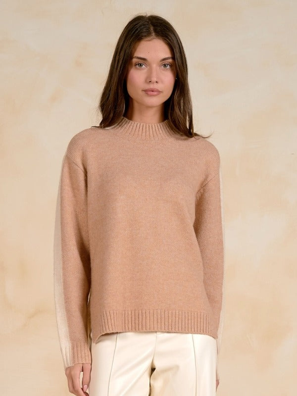Front view of a colorblock crewneck sweater.