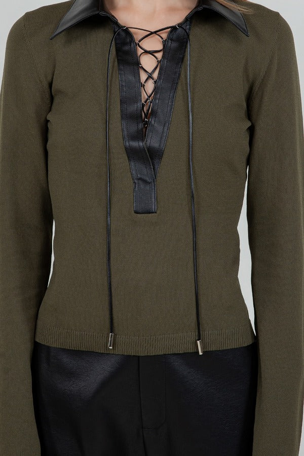 Whiteroom + Cactus Faux Leather Collared Knit Sweater in Olive, detail of collar and lace-up neckline