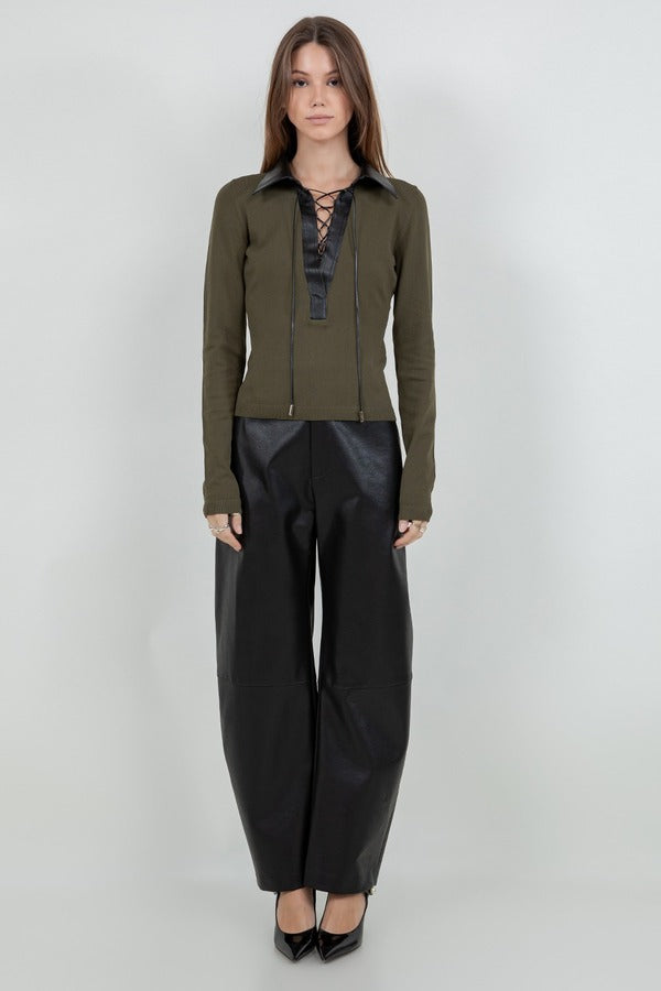 Whiteroom + Cactus Faux Leather Collared Knit Sweater in Olive, full length front view