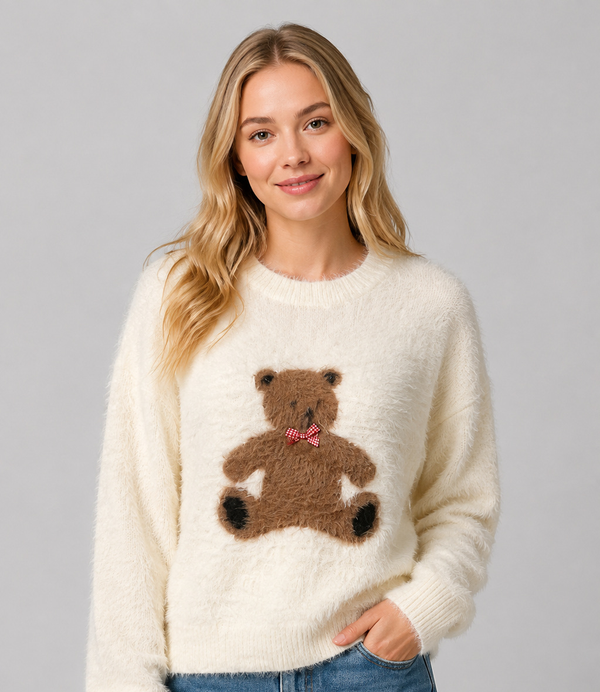 Dreamers Teddy Bear Sweater in Ivory, front view