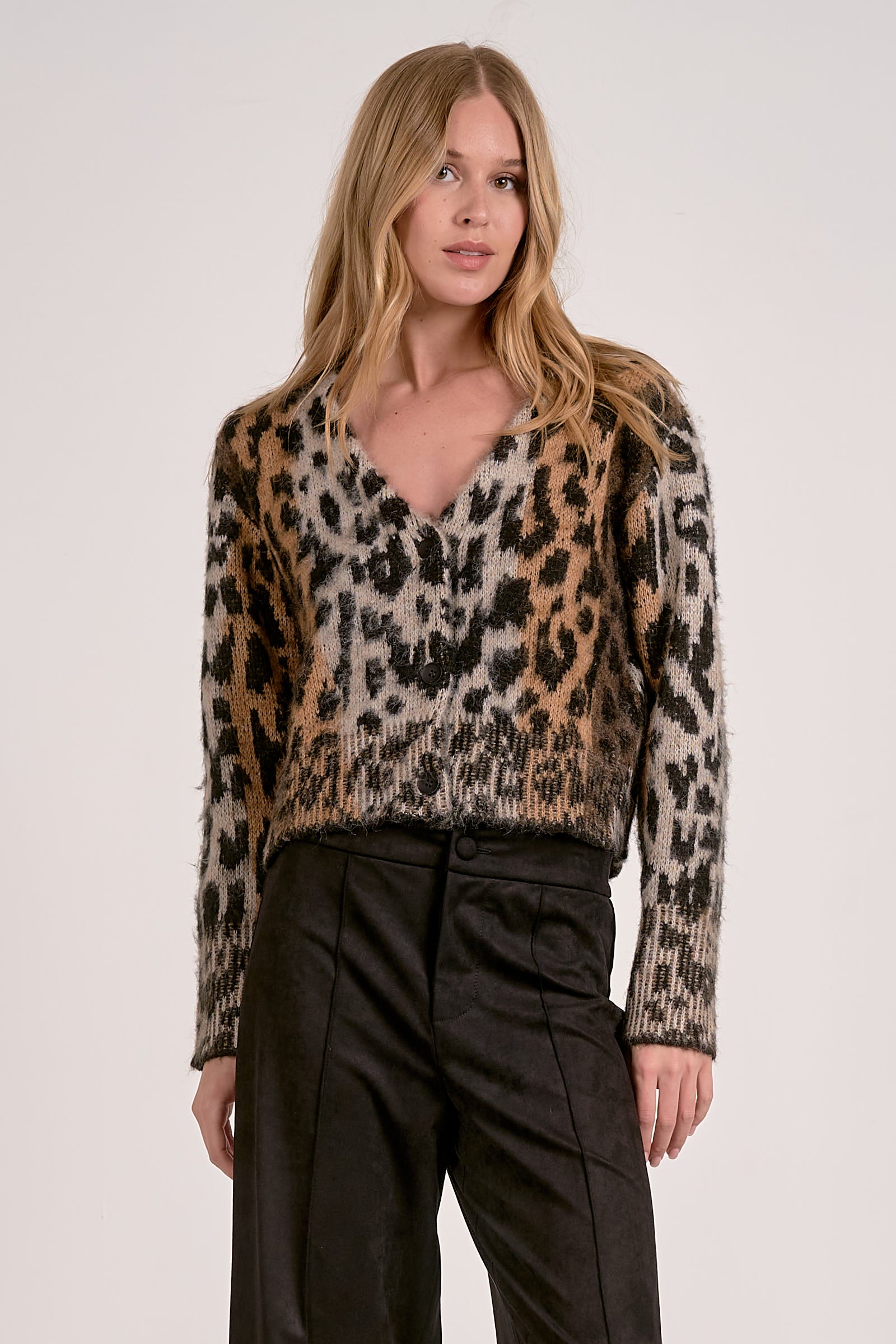 leopard print sweater, fuzzy knit cardigan, button front cropped sweater, animal print pullover, women’s fall sweater, cozy chic knit top, trendy leopard top