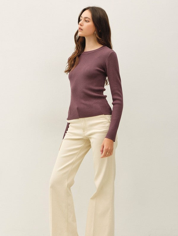 Be Cool Classic Crewneck Long Sleeve Rib Sweater in Dark Chocolate, side view