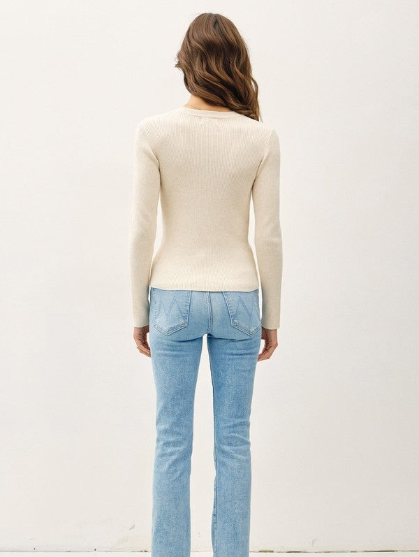 Be Cool Classic Crewneck Long Sleeve Rib Sweater in Oatmeal, back view