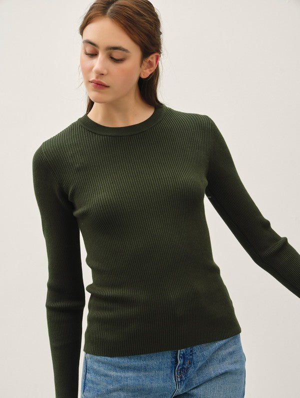 Be Cool Classic Crewneck Long Sleeve Rib Sweater in Winter Green, side view