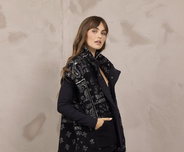 Vintage Havana Bandana Printed Sherpa Vest in Ivory Black, side view