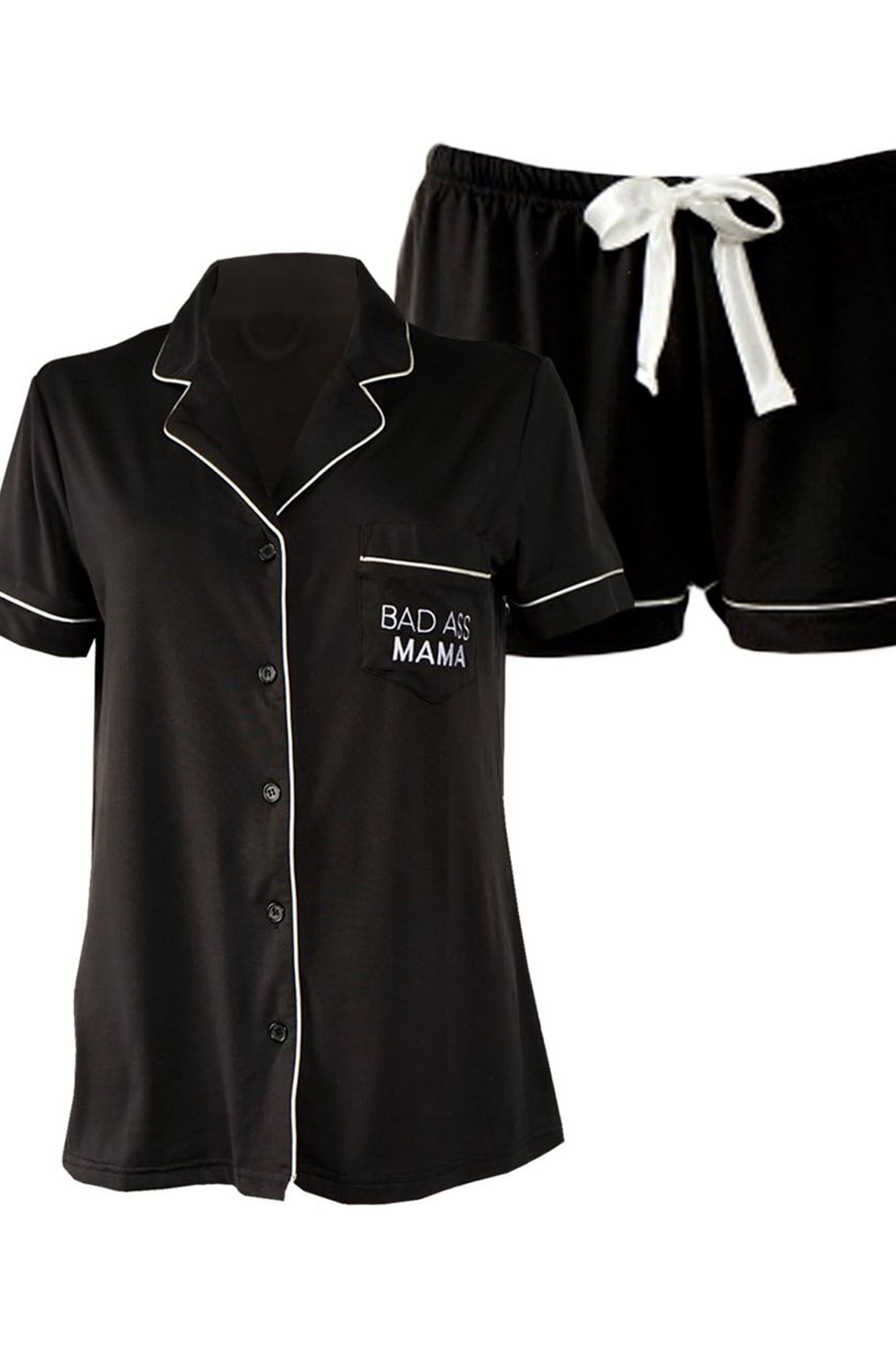 Bad Ass Mama Short Set. What mama wouldn't love to relax in this awesome short set? The Bad Ass Mama Short Set features contrast piping that adds great detail and elevated style. Lounging around in your pjs has never been so comfortable thanks to this luxe peached jersey fabric!