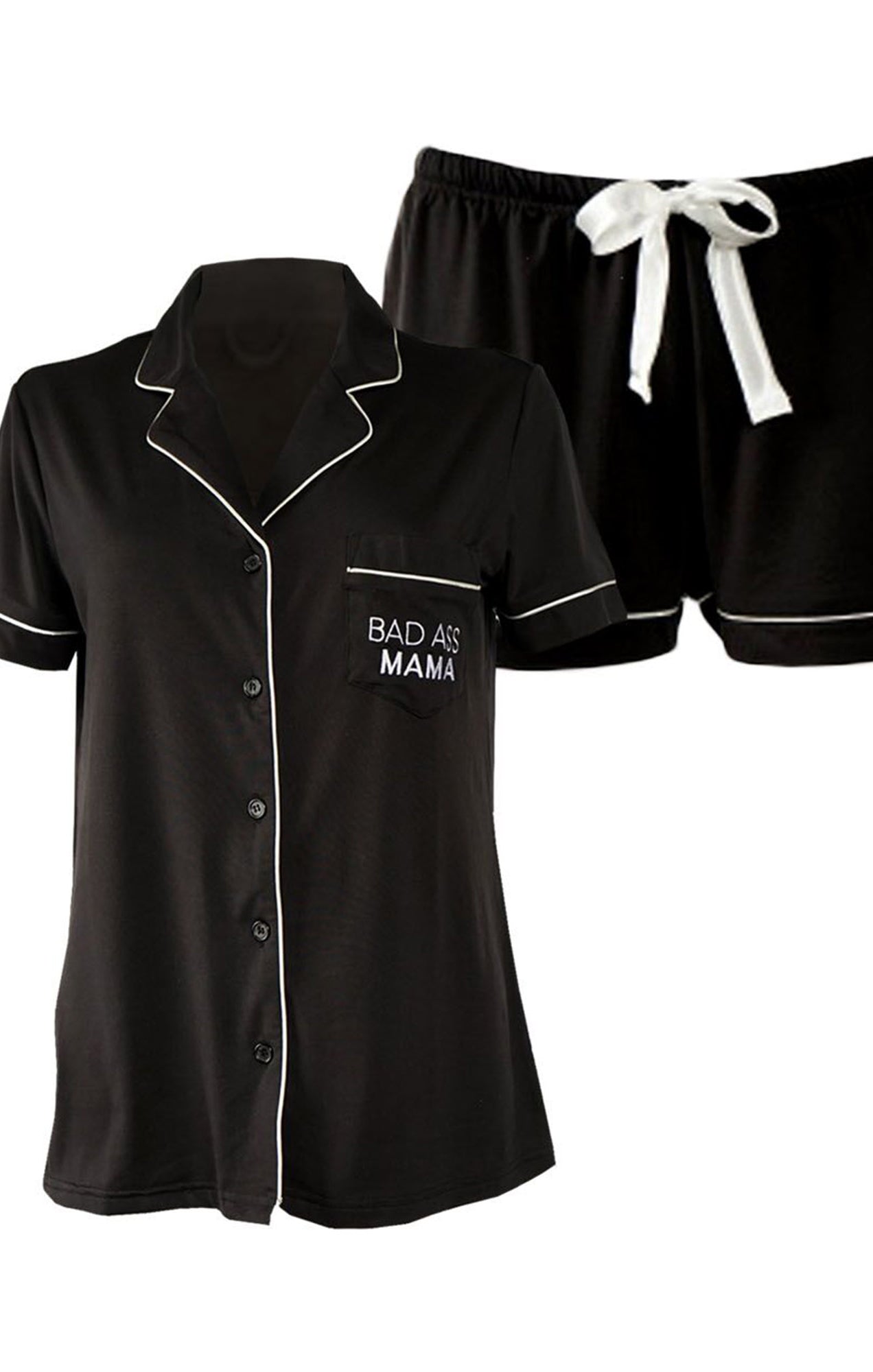 Bad Ass Mama Short Set. What mama wouldn't love to relax in this awesome short set? The Bad Ass Mama Short Set features contrast piping that adds great detail and elevated style. Lounging around in your pjs has never been so comfortable thanks to this luxe peached jersey fabric!