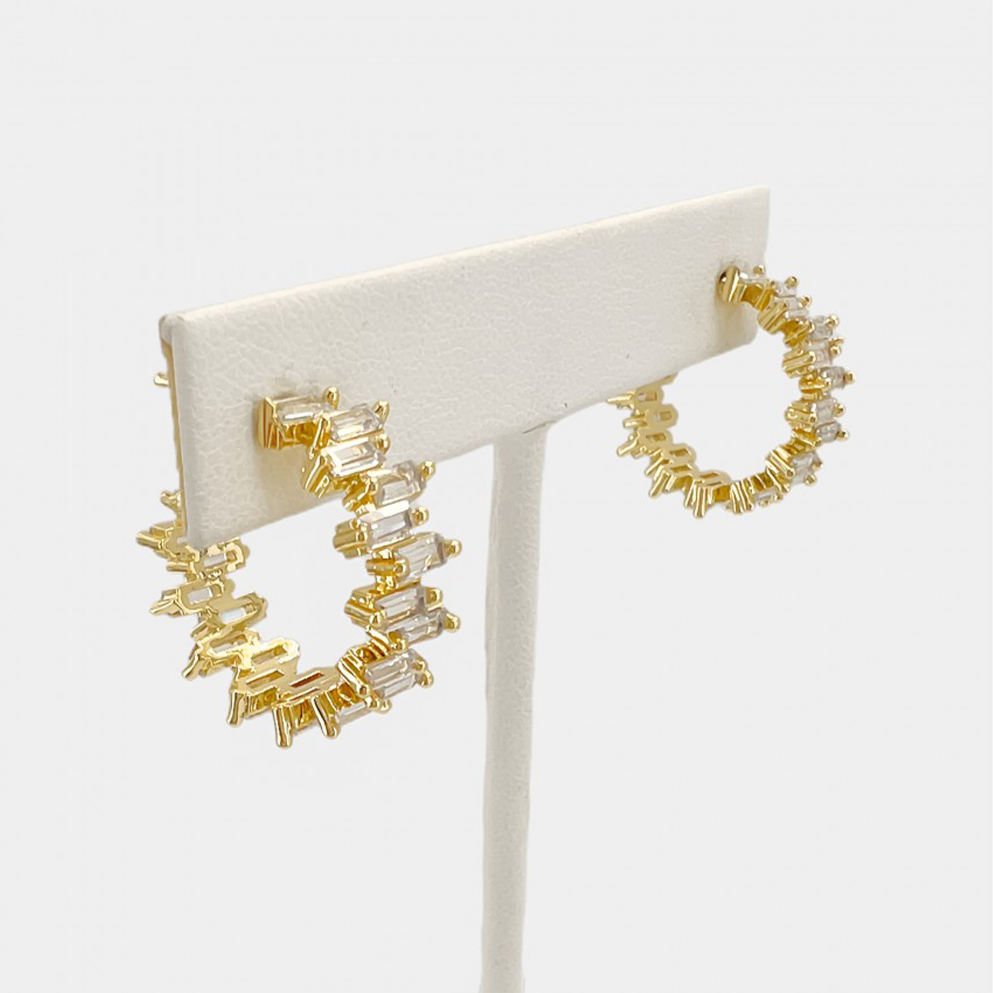 Rectangle CZ Stud Hoop. Cubic zirconia push back hoop earrings. Slide the earring post into your ears and secure it with the push back backing.