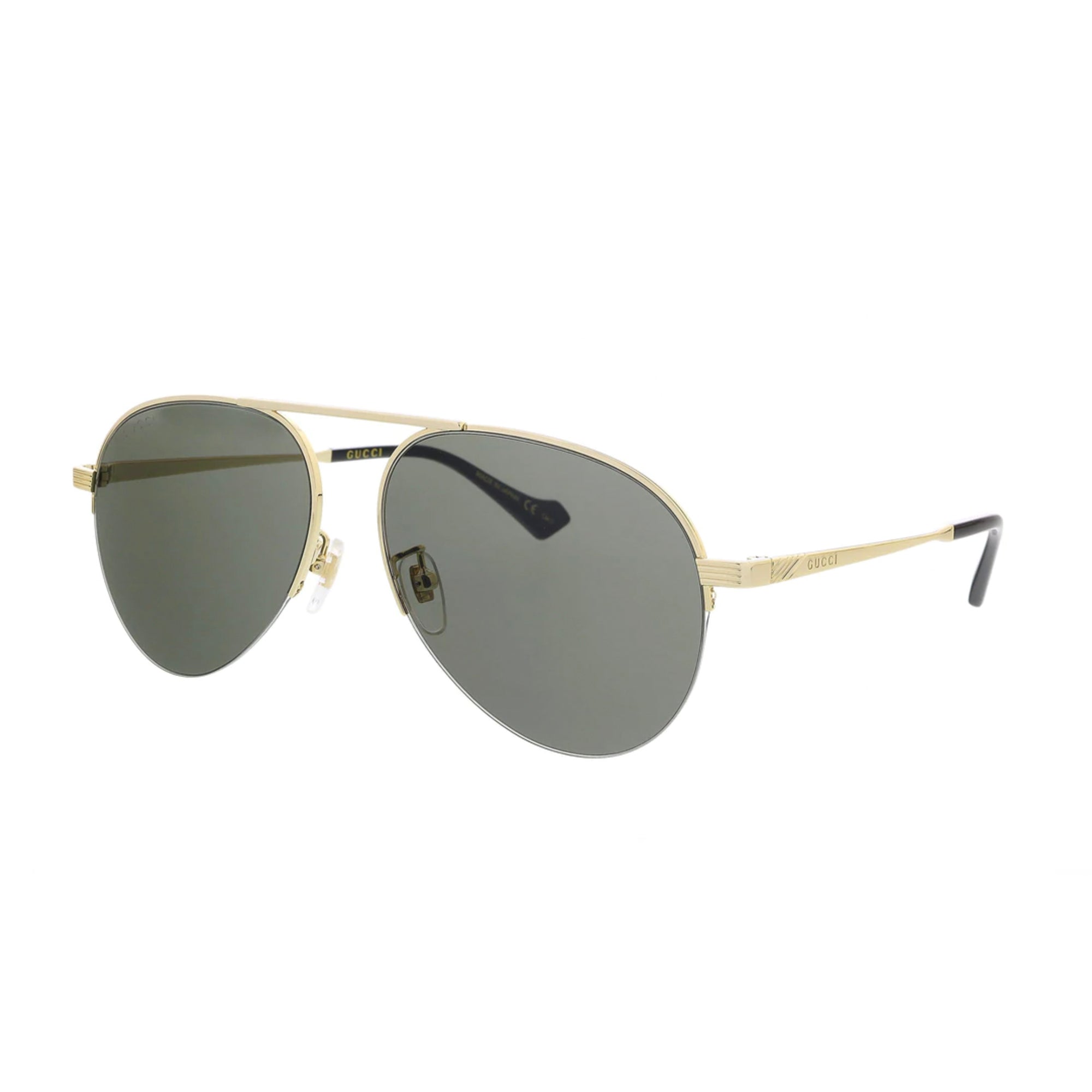 Gucci Fashion MSRP $495. An aviator silhouette updates the look of oversized Italian-crafted sunglasses finished with logo detailing on the arm