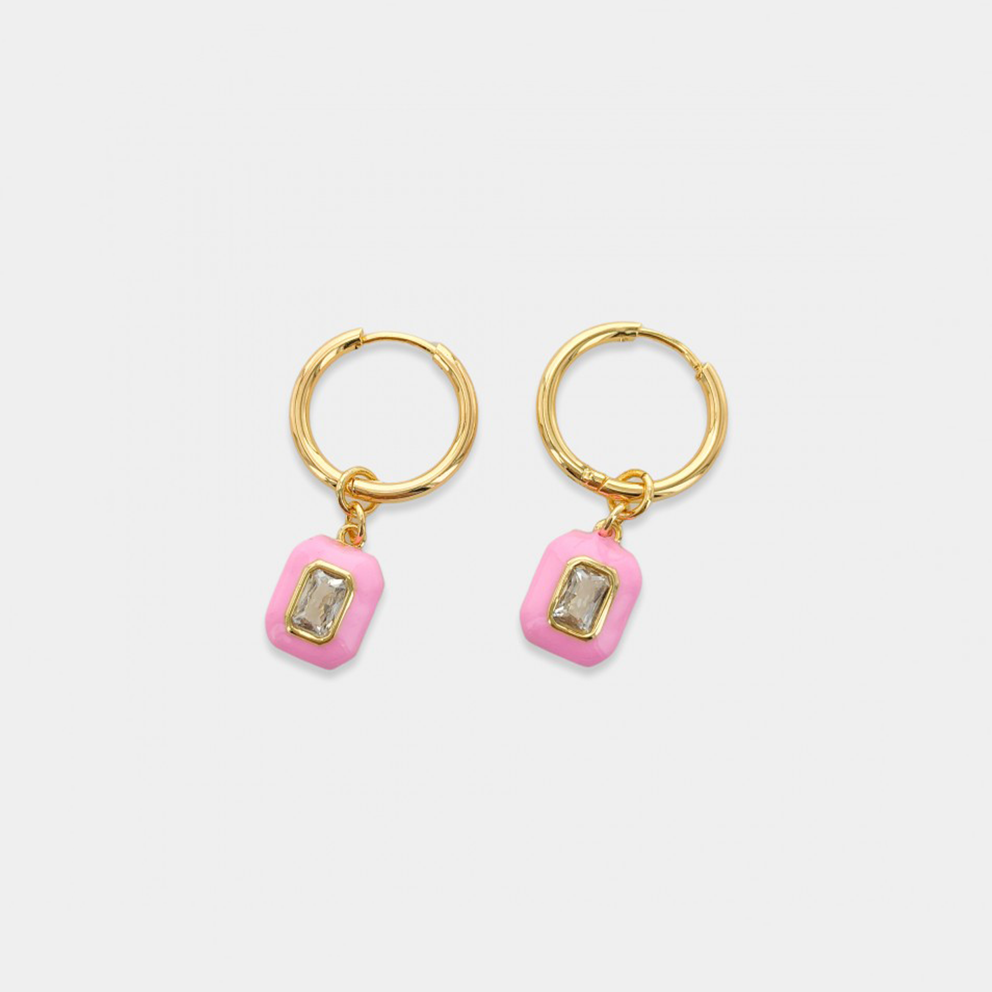 Round hoop earrings with dangling enamel cubic zirconia gem. The gem is removable, you may wear it alone as huggies or add one of our other charms or pendants to change up the look