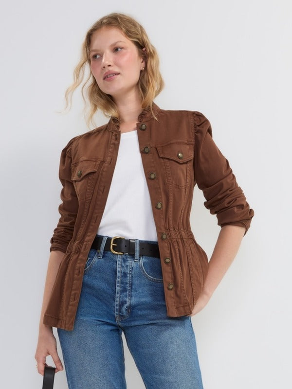 Liverpool Puff Sleeve Trucker Jacket with Ruffle Collar in Carob Brown, front view