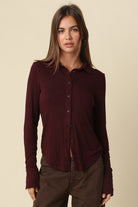 Olivaceous Elena Long Sleeve Henley Top in Burgundy, front view