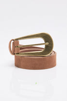 Free People Cannon Suede Belt in Cognac, buckle detail view
