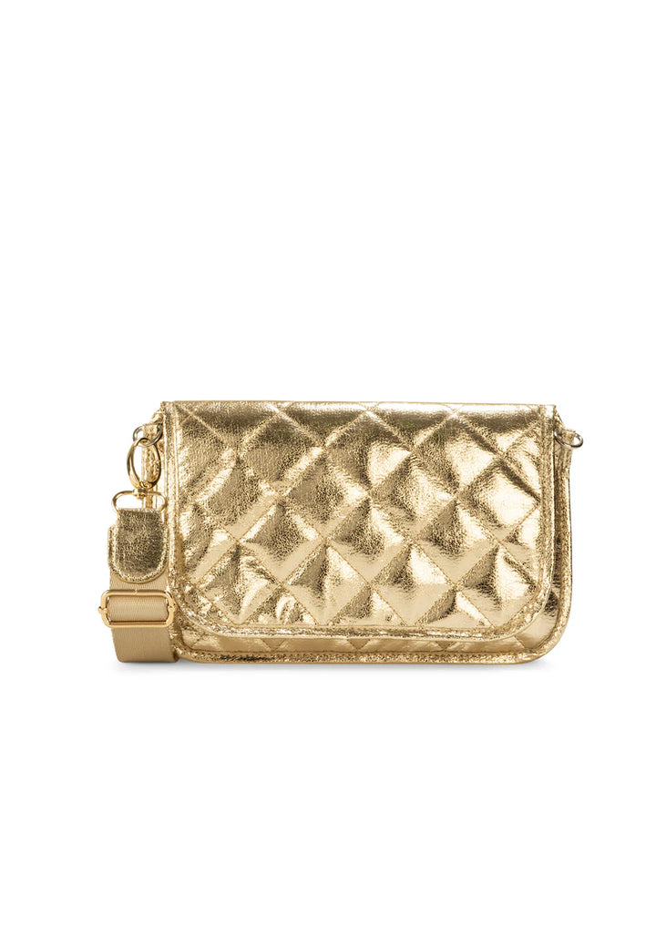 Haute Shore Rae Crossbody Gilt. This crossbody features a quilted design with a flap closure, the perfect size for everyday wear that can be used day or night as a crossbody or a clutch.