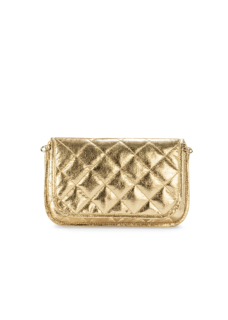 Haute Shore Rae Crossbody Gilt. This crossbody features a quilted design with a flap closure, the perfect size for everyday wear that can be used day or night as a crossbody or a clutch.