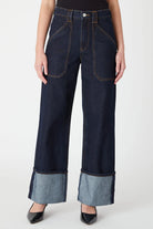 wide leg jeans, cuffed denim, dark wash jeans, high rise denim, statement jeans, Whim denim, women’s wide leg pants, trendy denim, indigo jeans, structured denim