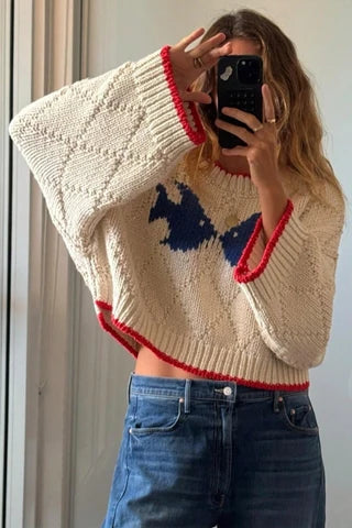 Model wearing the Mccolin Cropped Knit Sweater with Contrast Trim in Beige, front view.