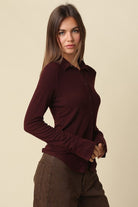 Olivaceous Elena Long Sleeve Henley Top in Burgundy, side view