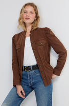 Liverpool Puff Sleeve Trucker Jacket with Ruffle Collar in Carob Brown, front detail view