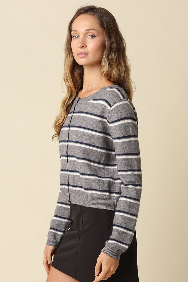 Olivaceous Anella Stripe Knit Cardi in Grey Navy Cream, side view