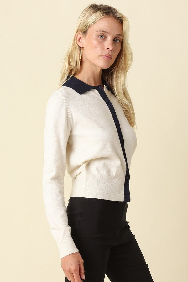 Olivaceous Lean Contrast Trim Knit Cardigan in Ivory Navy, side view