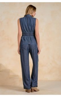 Back view of the Elan Cinched Waist Vest in Navy Wash with matching wide-leg pants.