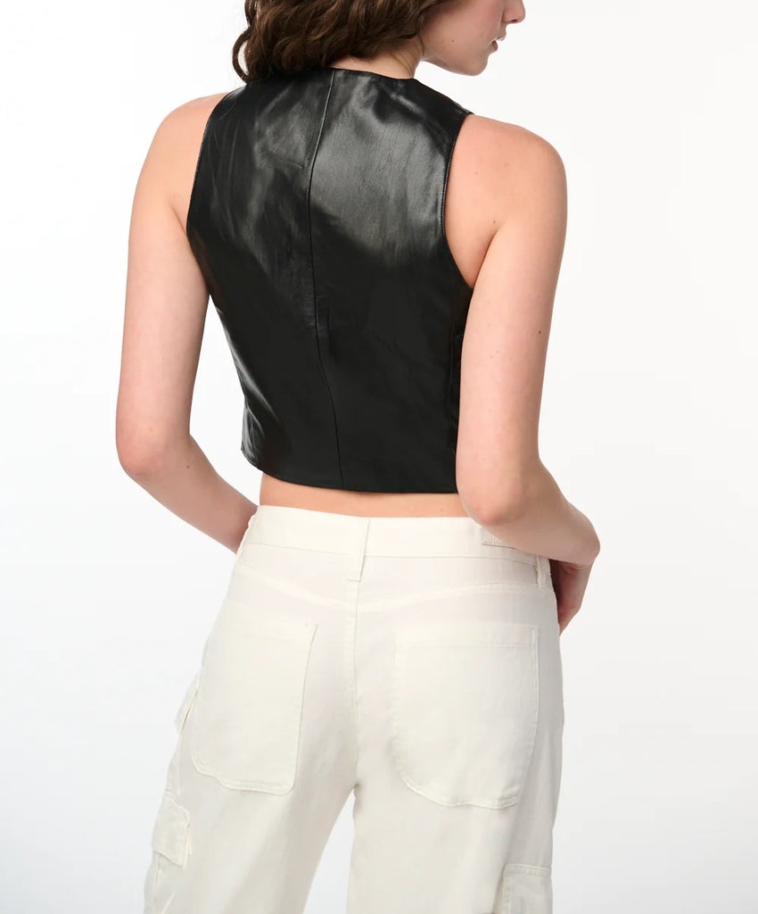 Blank NYC Faux Leather Vest Black. This faux leather vest features a fitted design with button closures and an angled hemline, the perfect piece to add a little edge to any outfit.