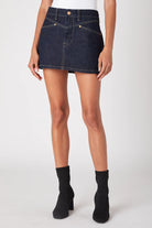 denim mini skirt, dark wash denim skirt, jean mini skirt, women’s denim skirt, Whim mini skirt, trendy fall denim, elevated basics, closet staple, versatile denim skirt, mini jean skirt