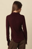 Olivaceous Elena Long Sleeve Henley Top in Burgundy, back view