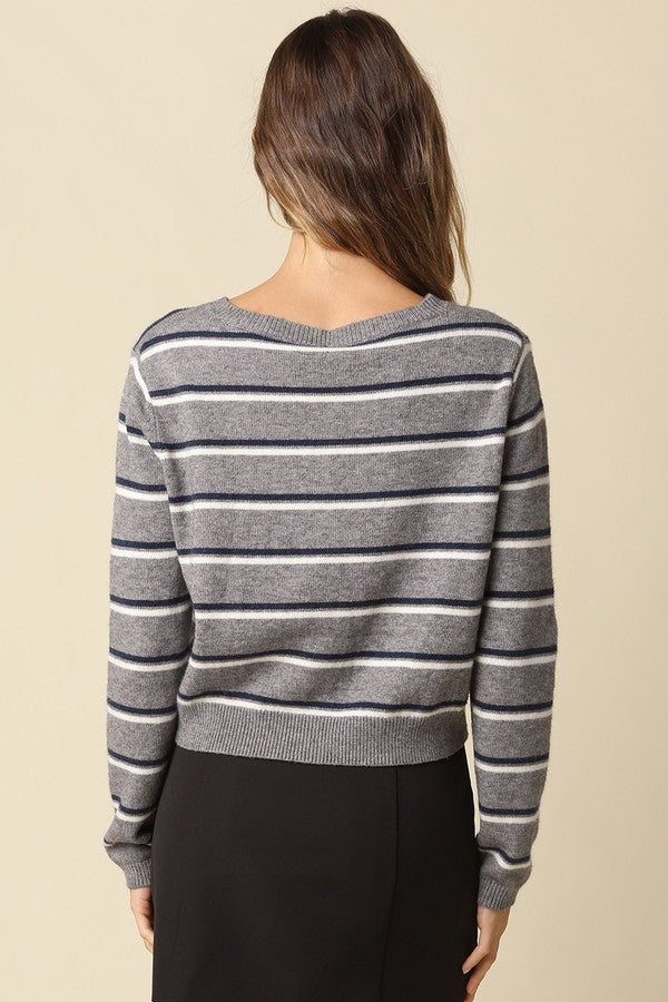 Olivaceous Anella Stripe Knit Cardi in Grey Navy Cream, back view