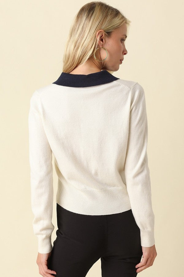Olivaceous Lean Contrast Trim Knit Cardigan in Ivory Navy, back view