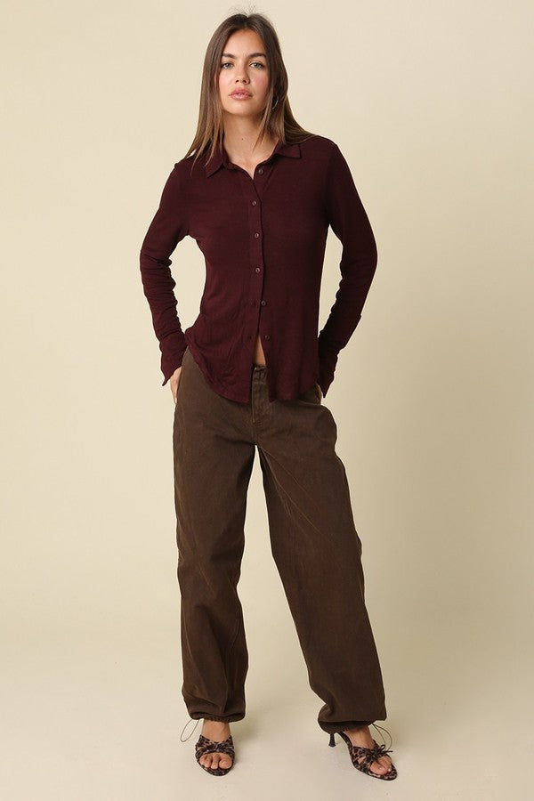 Olivaceous Elena Long Sleeve Henley Top in Burgundy, front full-length view
