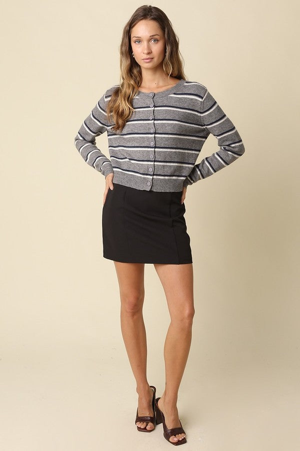 Olivaceous Anella Stripe Knit Cardi in Grey Navy Cream, front full-length view