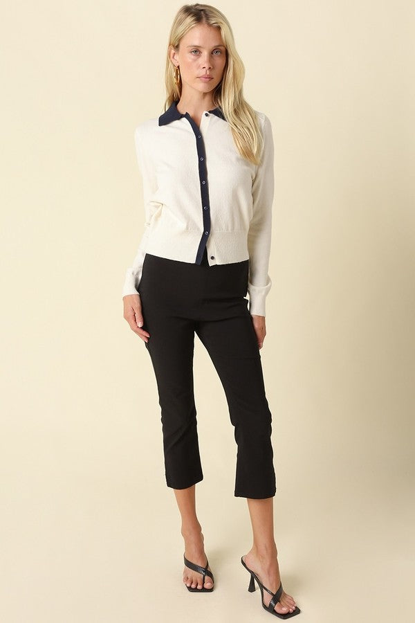 Olivaceous Lean Contrast Trim Knit Cardigan in Ivory Navy, front full-length view