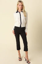 Olivaceous Lean Contrast Trim Knit Cardigan in Ivory Navy, front full-length view