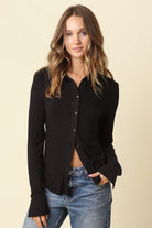 Olivaceous Elena Long Sleeve Henley Top in Black, front view